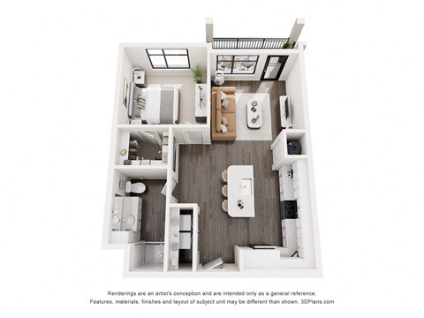 Floor plan for 1 bed, 1 bath, 740 sqft